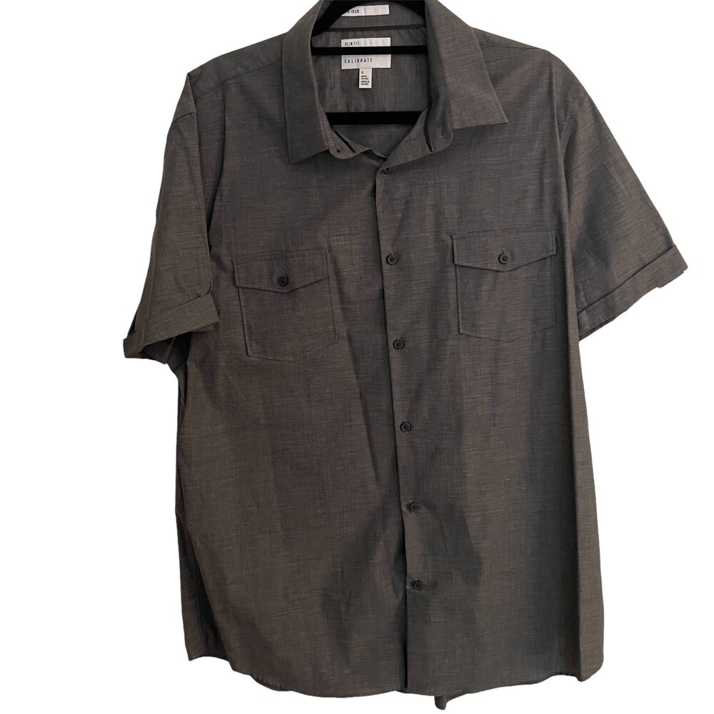 Calibrate Slim Fit Short Sleeve Button Down Shirt Gray XL